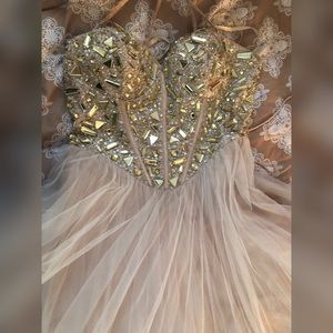 Beaded Tan and Gold Tulle Prom Dress